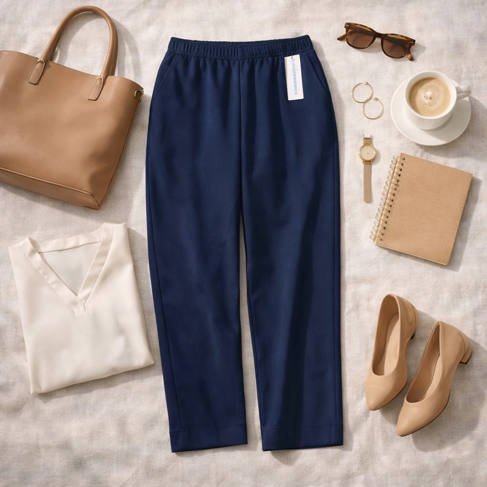 Silhouettes Navy Pull-On Straight Leg Pants 28W NWT